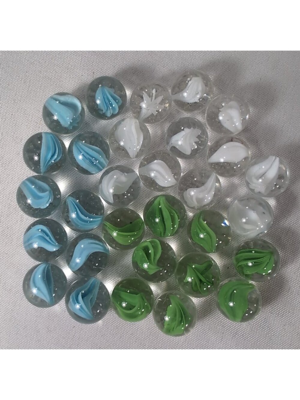 30 Cat Eye Marbles 10 Blue 9 Green 11 White Clear 16mm Players 5/8" Lot